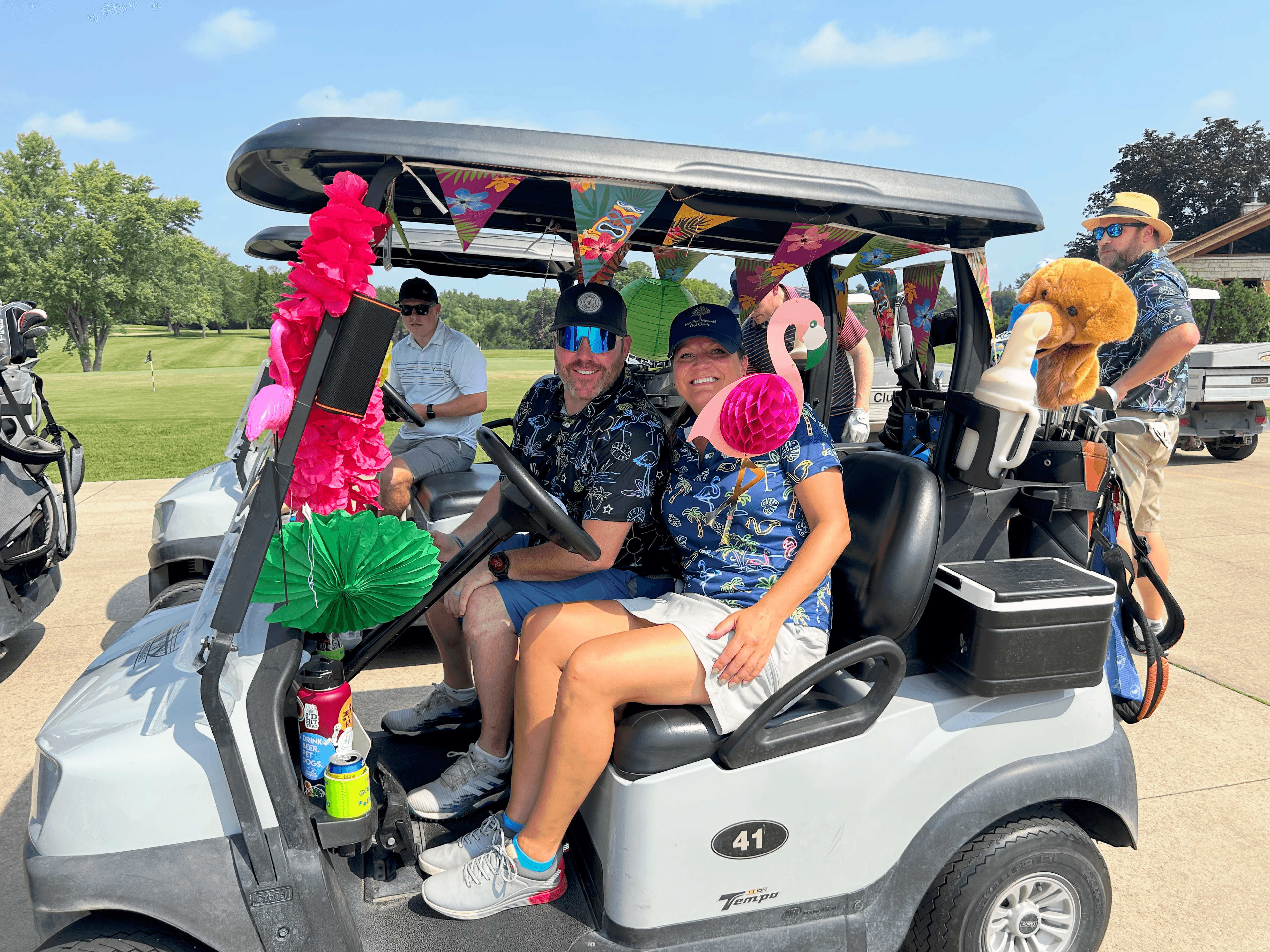 Decorated flamingo golf cart